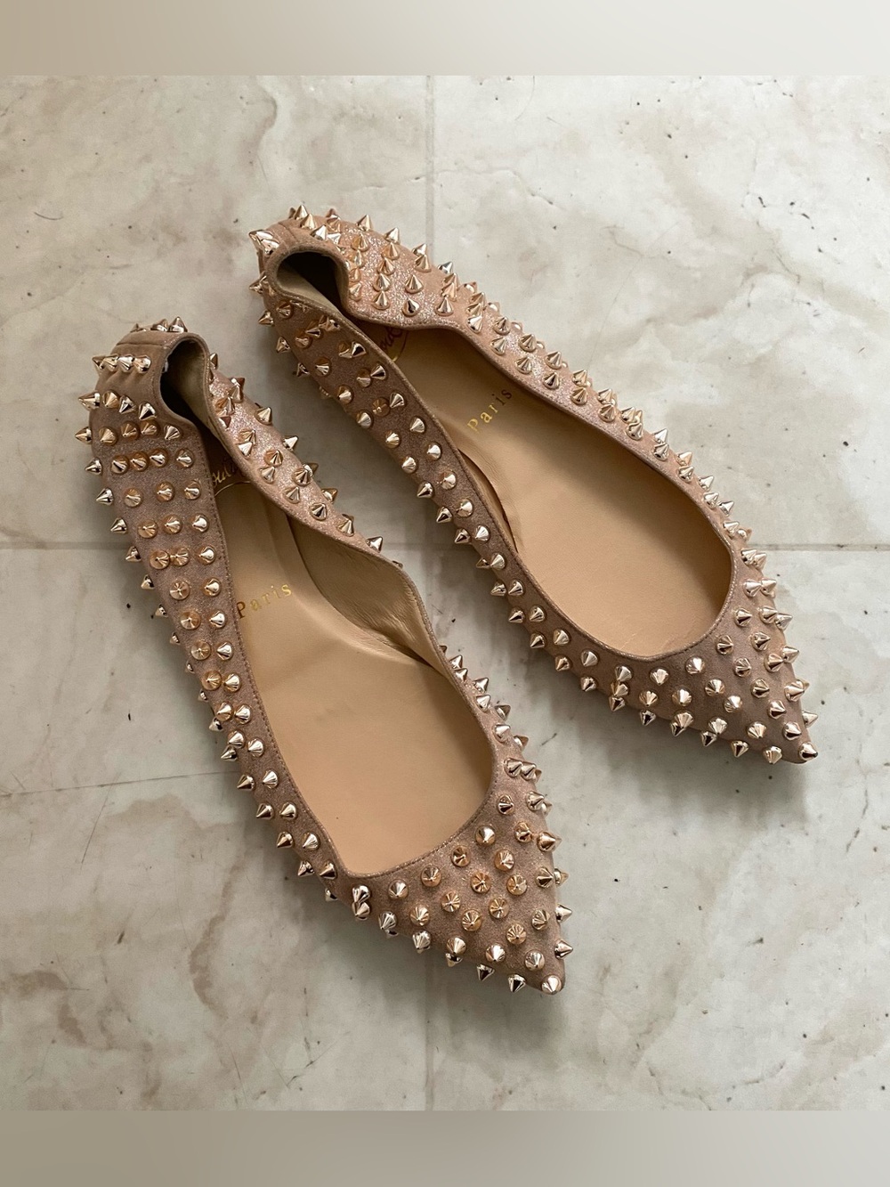 Christian Louboutin Anjalina Rose Gold Metallic Spiked Pointed-toe Flats Sz 6.5